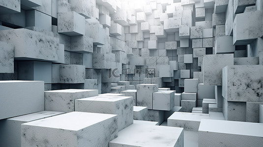 3D 渲染的几何背景，以混凝土块立方体中的建筑元素为特色