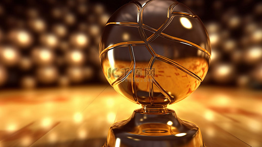 篮球球金色奖杯极端特写的 3D 渲染