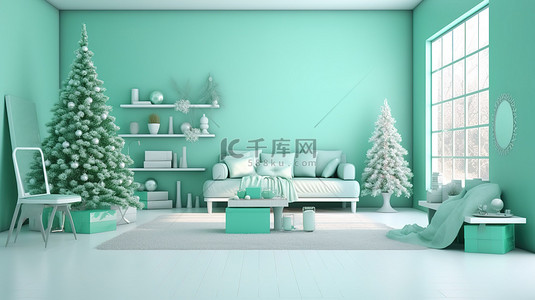 现代圣诞薄荷室，节日室内的时尚 3D 渲染