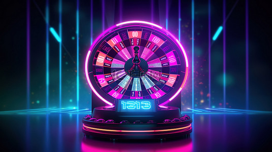 背景优惠券背景图片_霓虹灯背景上逼真的黑色轮盘赌轮的 3D 渲染，带有免费旋转优惠券