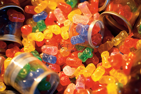一堆彩色糖果装在一个大桶里