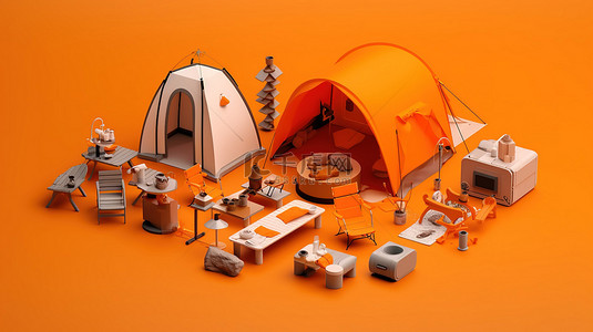 单色等距露营装备和景观白色设备与 3D 渲染中的橙色背景形成鲜明对比