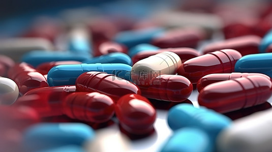 健康胶囊背景图片_红色和蓝色健康胶囊抗生素丸的 3d 渲染
