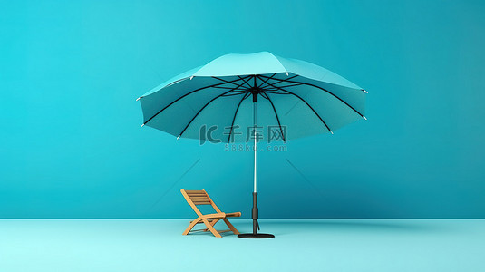 蓝色休息背景图片_蓝色背景上的沙滩伞的令人惊叹的 3D 渲染，非常适合暑假概念