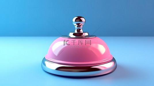 旅行粉色背景图片_蓝色背景，带有 3D 渲染的粉色接待环警报服务铃模型