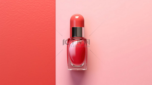 美甲模板背景图片_浅粉色背景上的红色指甲油瓶的顶视图 3D 插图
