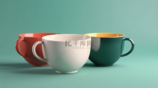 彩色背景与 3D 陶瓷杯渲染三重奏