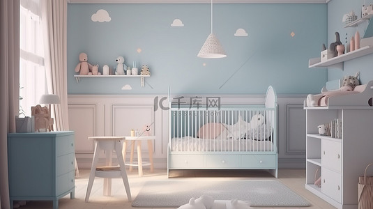 概念化婴儿房的 3D 渲染布局