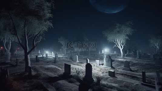 公墓背景图片_月光下墓地的万圣节概念怪异 3d 渲染