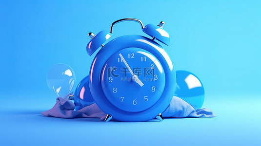 时间音乐背景图片_戴着耳机时搁在充气球上的蓝色闹钟的 3D 渲染描绘