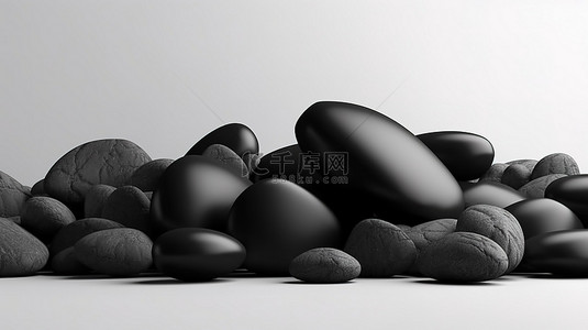 禅泉背景图片_白色背景与黑色卵石 3D 渲染插图与复制空间