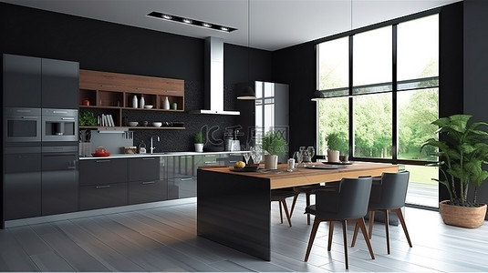 现代风格厨房的 3D 渲染，具有深灰色色调和自然采光