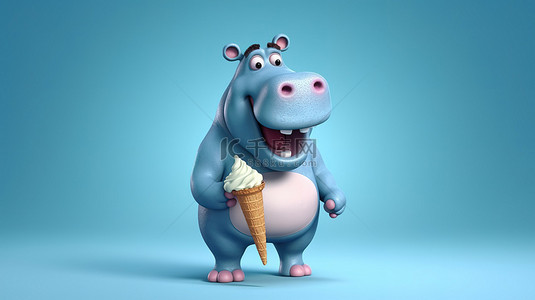 吃冰淇淋的卡通背景图片_可爱的 3d 河马，爱吃甜食，手里拿着蛋卷冰淇淋