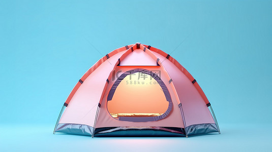 蓝色背景下粉色旅游圆顶露营帐篷的 3D 渲染