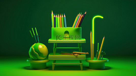 充满活力的 3D 回到学校展示霓虹绿色讲台，配有铅笔和书籍