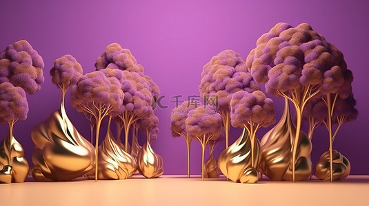 紫色金币背景图片_具有紫色背景的金币堆和 3D 渲染中生长树的概念