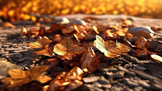 散落在地上的棕色和枯萎的秋叶的渲染 3D 图像