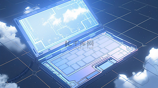 数字电路云与空白笔记本显示 3d 渲染