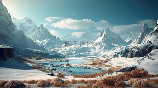 科幻雪背景图片_以雄伟的雪山为特色的异想天开的 3D 景观