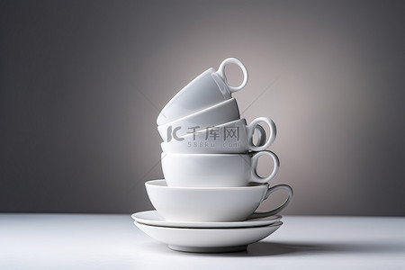 碟子桌子背景图片_桌子上一堆灰色背景的白咖啡杯
