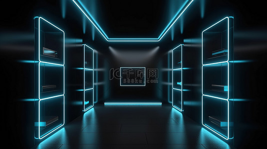 空间霓虹背景图片_虚拟现实展示室暗发光霓虹灯照亮产品的空白空间