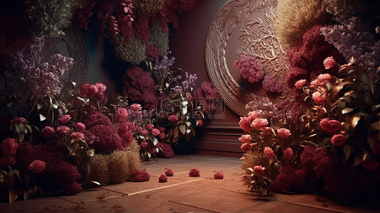 用于装饰用途的梦幻花卉景观的 3D 渲染