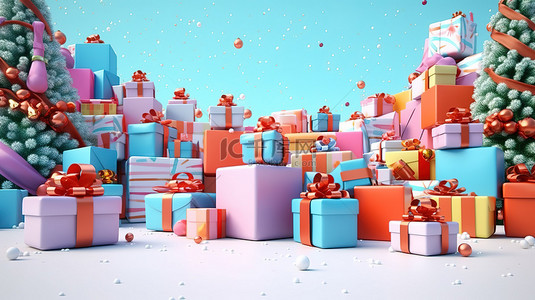 雪节日背景图片_3D 渲染节日圣诞礼物，营造欢快的横幅背景