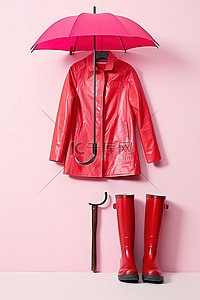 一把雨伞，旁边有一件红色雨衣和一些靴子