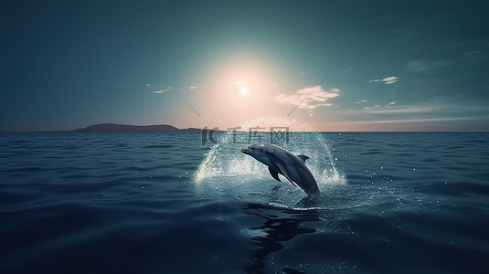 跳跃剪影背景图片_月球背景令人惊叹的跳跃海豚 3D 插图