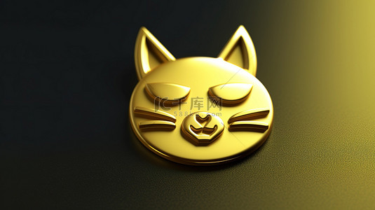猫科动物徽章 3D 渲染的社交媒体图标，在哑光金盘上有猫的轮廓