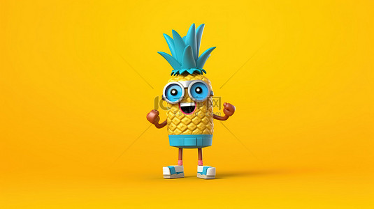穿戴背景图片_欢快的卡通菠萝时髦吉祥物在阳光明媚的黄色背景上运动蓝色健身追踪器，以 3D 渲染