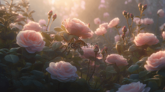 绿叶粉色花朵背景图片_粉色玫瑰花阳光花园背景