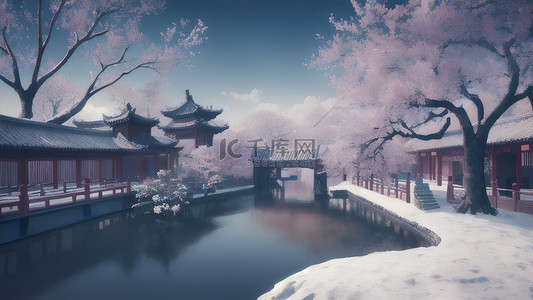 古风中国建筑背景图片_庭院楼阁湖水玉树