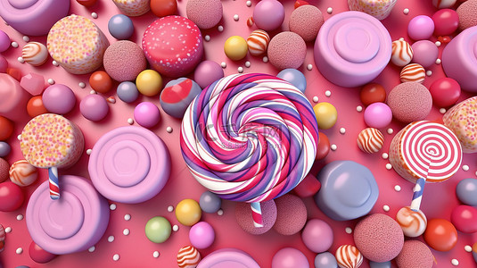 充满活力的糖果设计与粉红色背景 3D 渲染