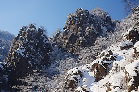 雪山岩石背景图片_积雪覆盖的岩石树和雪