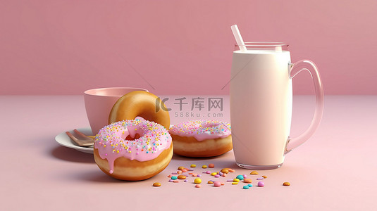 柔和的 3D 背景下充满活力的甜甜圈和一杯牛奶