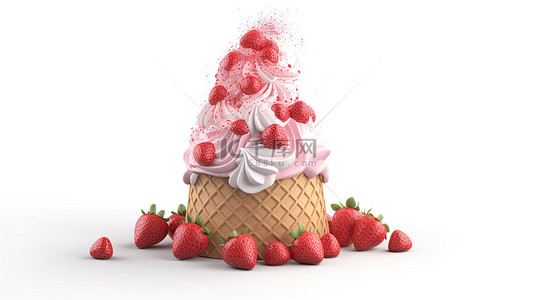 冰淇淋圣代背景图片_带有剪切路径的脆皮锥体上的独立 3D 草莓冰淇淋