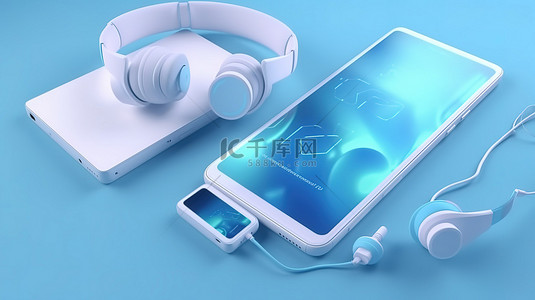 手机播放界面背景图片_智能手机白色空白屏幕 3d 渲染上的旋律蓝色耳机