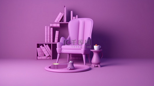在紫色扶手椅上放松，拿着一本书和咖啡馆宁静的 3D 海报概念