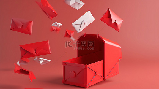 红色邮箱的插图，带有飞行中的信封，强调 3D 渲染中的邮件递送和时事通讯想法