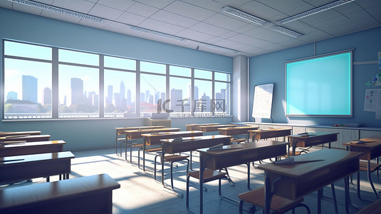 学习图标背景图片_明亮的学习空间 3D 插图教室，配有闪闪发光的白色桌子阳光亲吻的窗户和白板