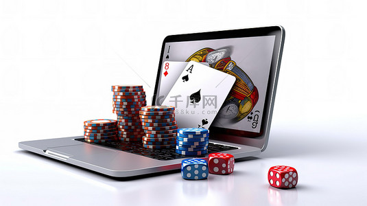 现代游戏扑克筹码扑克牌和笔记本电脑的 3D 渲染，用于在线赌场概念
