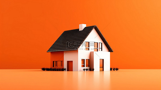 充满活力的橙色背景下单色房屋模型的 3D 渲染