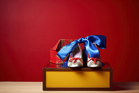 蓝墙背景图片_黄蓝墙前的木架上放着红鞋的盒子