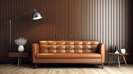落地灯沙发背景图片_现代客厅的 3D 渲染，配有棕色沙发和装饰墙背景