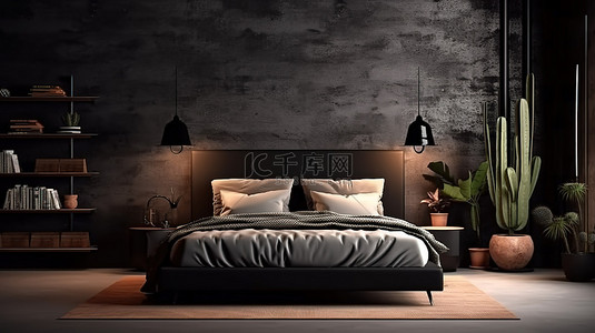 黑卧室背景图片_时尚的卧室配有别致的黑墙设计师床照明壁灯和多刺的仙人掌 3D 插图