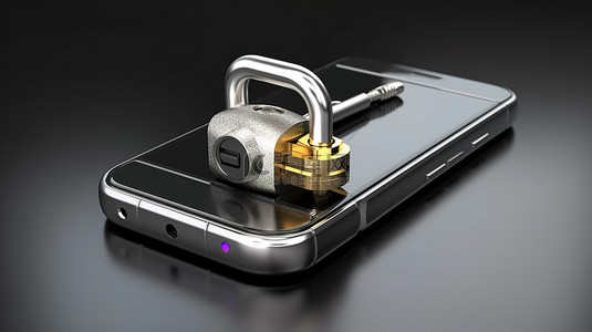 手机安全 3d 渲染锁定挂锁，金属钥匙插入钥匙孔