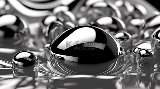 海报海浪背景背景图片_单色 3D 渲染中的现代玻璃流背景渲染抽象液体形式和球体