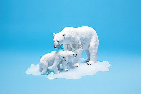 它背景图片_白色北极熊和它的幼崽漂浮在蓝色背景的冰山上