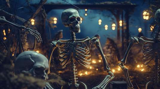 万圣节恐怖夜间墓地骷髅袭击 3D 渲染图像